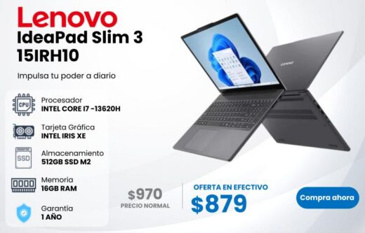 Laptop Lenovo Slim 3 15IRH10 de 15.3 pulgadas con procesador Intel Core, memoria DDR5 y unidad SSD NVMe para trabajo, estudio y productividad.